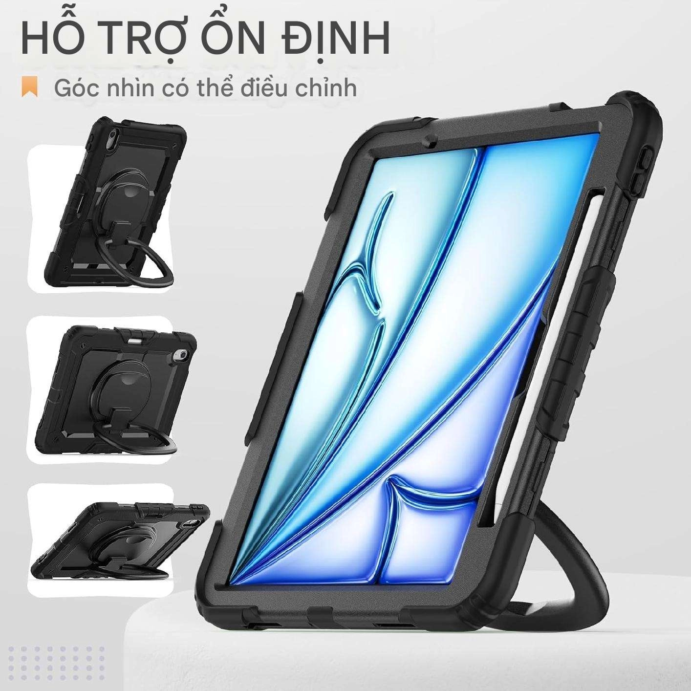 Ốp lưng chống sốc iPad Air 11 inch 2024 (3 lớp bảo vệ siêu bền, tay cầm xoay 360 độ)